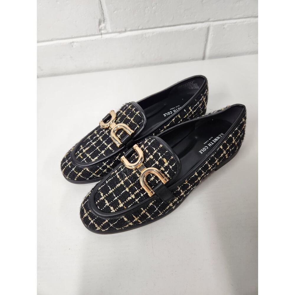 Kenneth Cole Women's Larisa Plaid Slip On Loafers/Flats, Size 8, In Black & Gold